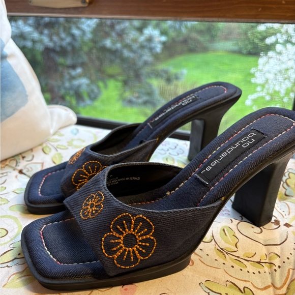 No Boundaries Shoes - Vintage No Boundaries Dark Blue Denim Slide Heels with Orange Floral Stitching